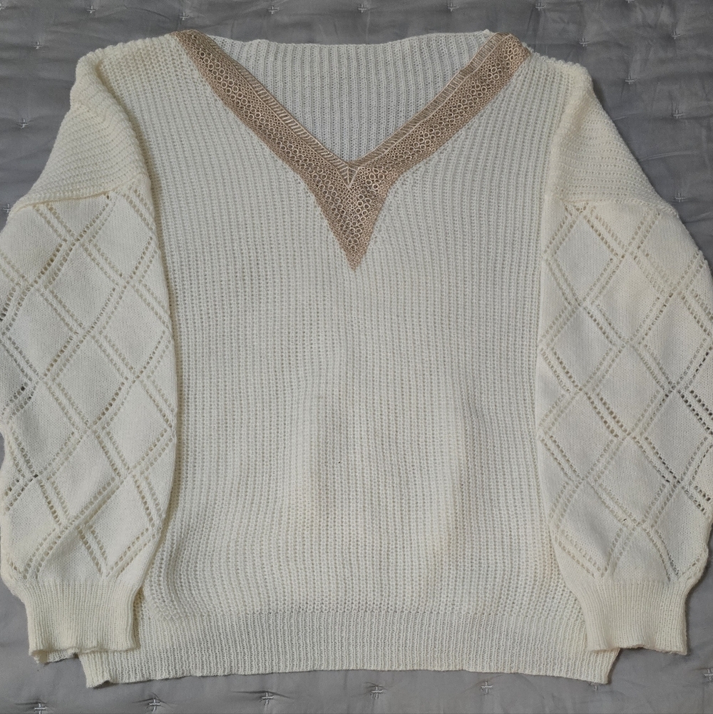 SHEIN Cream V-Neck Sweater with Brown Detail